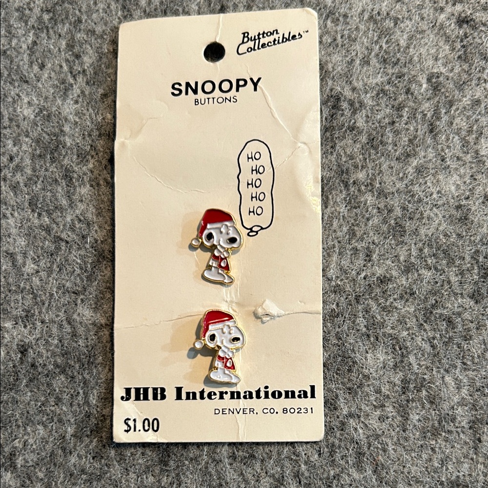 Vintage Snoopy Santa Metal & Enamel Shank Buttons. Stamped “1958 United Feature”
